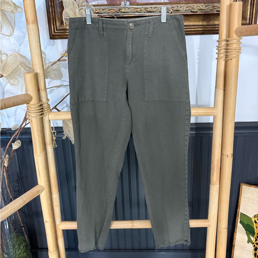 Joie Linen Blend Raw Hem Studded Straight Leg Army Green Pants ~ Sz 0 💚🍄